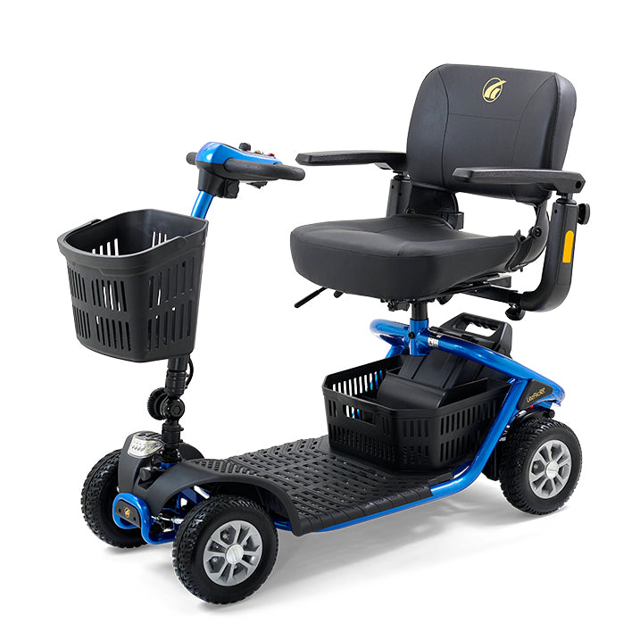 Black and blue mobility scooter with baskets on a white background