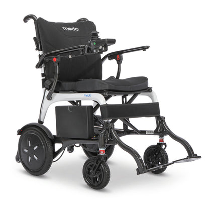 Modo Breeze Ultralightweight Folding Electric Wheelchair with a black padded seat and backrest, a white frame, black wheels, and a side storage battery, shown on a white background.