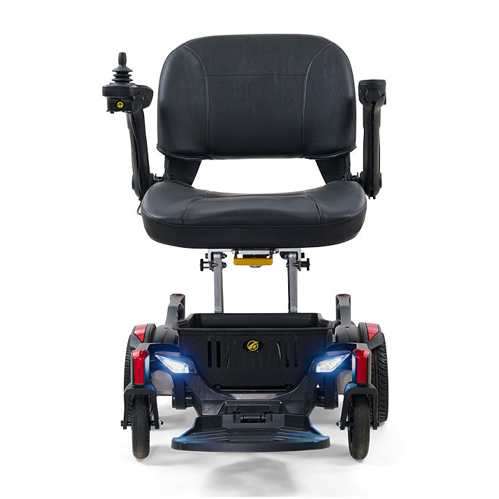 Black mobility scooter with large seat on a white background