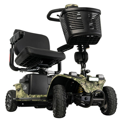Camouflage-patterned mobility scooter with black seat and basket on a white background
