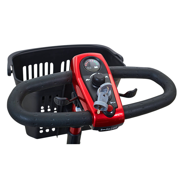Black and red steering wheel with control panel on a white background