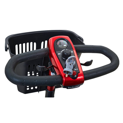 Black and red steering wheel with control panel on a white background