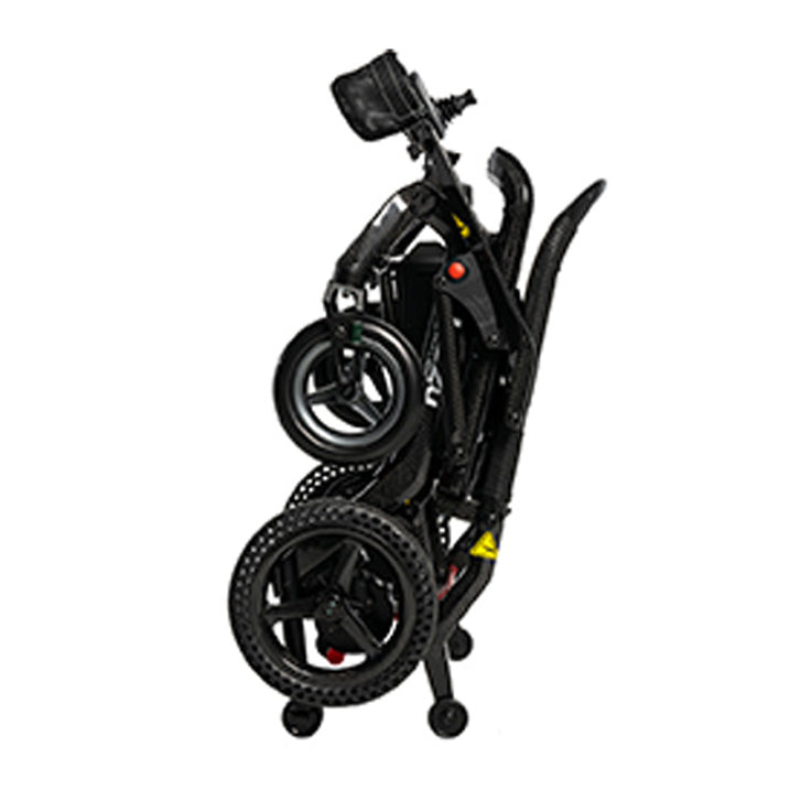 Folded pride jazzy ultra light powerchair on a white background