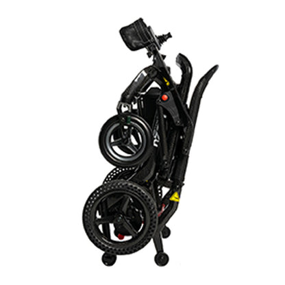 Folded pride jazzy ultra light powerchair on a white background