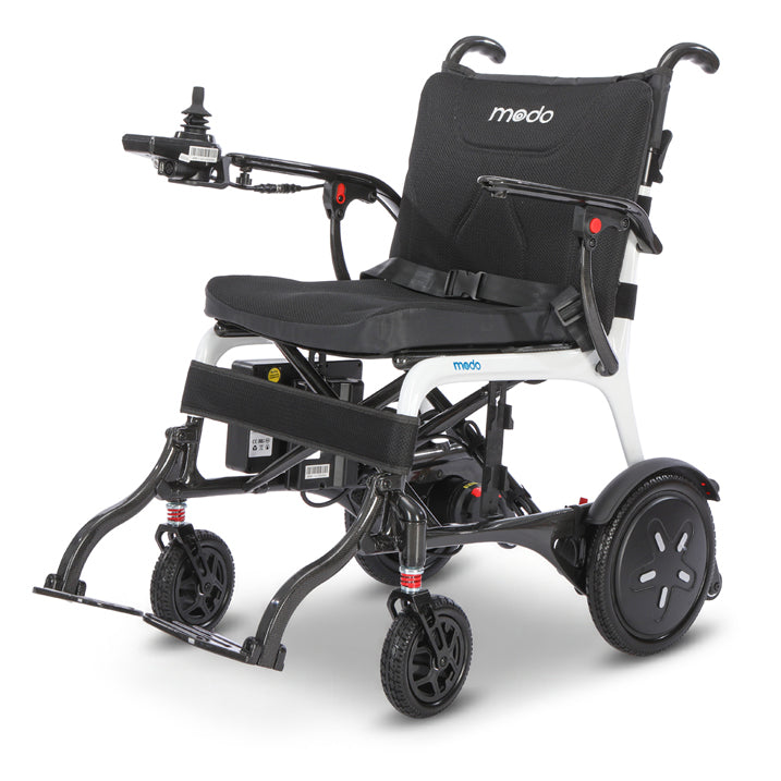 Modo Breeze Ultralightweight Folding Electric Wheelchair shown from a three-quarters angle on a white studio background.