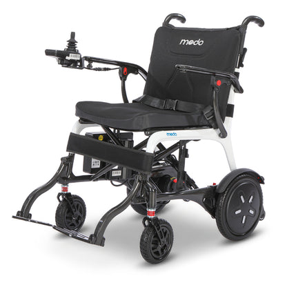 Modo Breeze Ultralightweight Folding Electric Wheelchair shown from a three-quarters angle on a white studio background.