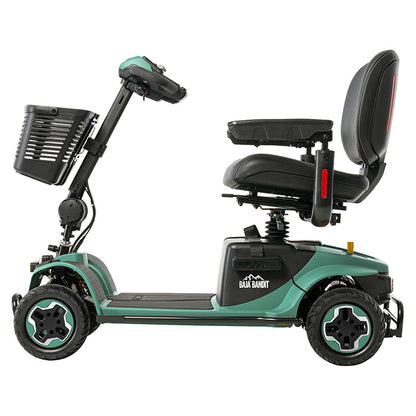Green mobility scooter with a seat and basket on a white background