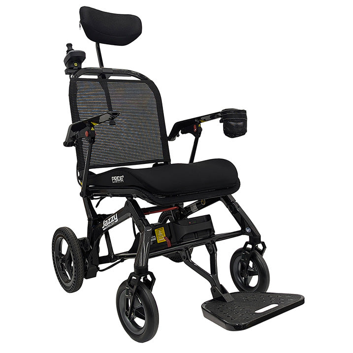 Black wheelchair with mesh backrest on a white background
