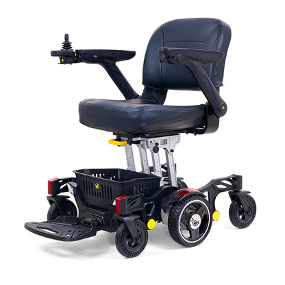 Black mobility scooter with a seat on a white background