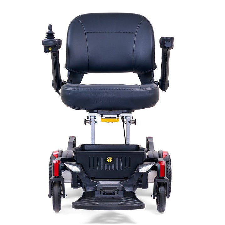 Black electric wheelchair with a cushioned seat on a white background