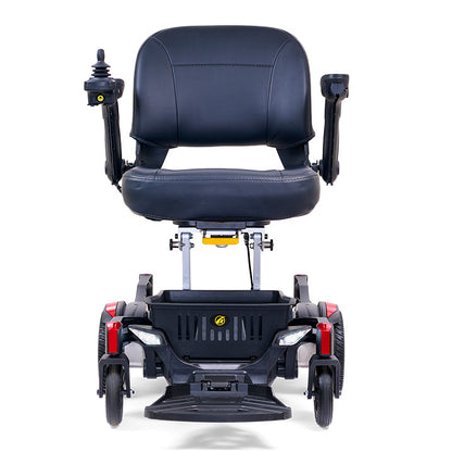 Black electric wheelchair with a cushioned seat on a white background