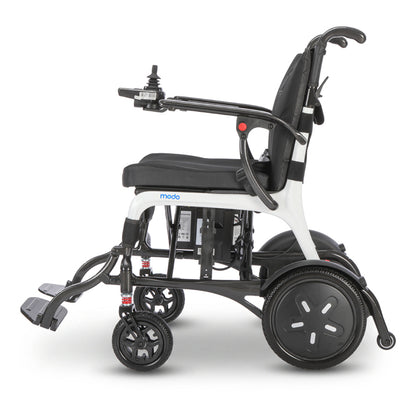 A white and black electric motorized wheelchair shown from a side profile view against a clean white background. The brand name 'modo' is visible on the side frame.