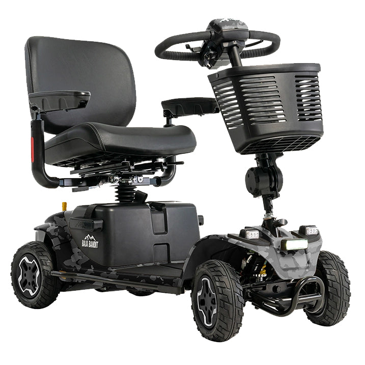 Black mobility scooter with steering wheel and basket on a white background