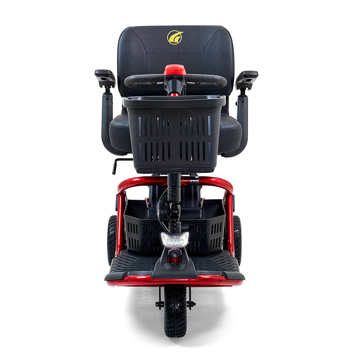 Red and black mobility scooter with a basket on a white background