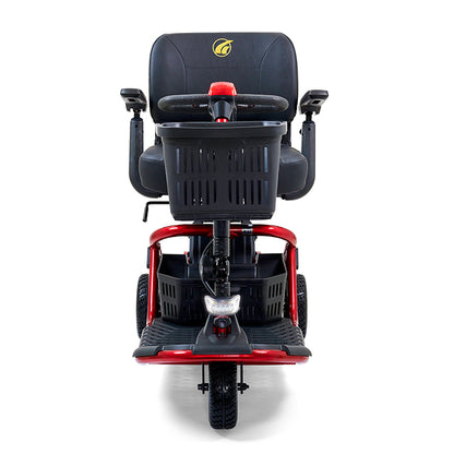 Red and black mobility scooter with a basket on a white background