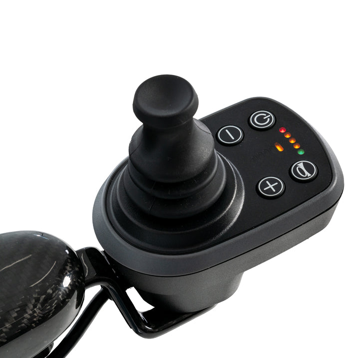 Black joystick controller with buttons and lights on a white background