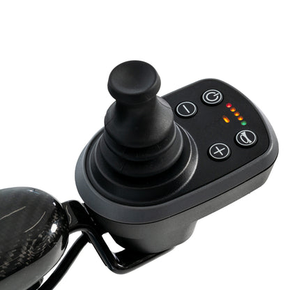 Black joystick controller with buttons and lights on a white background