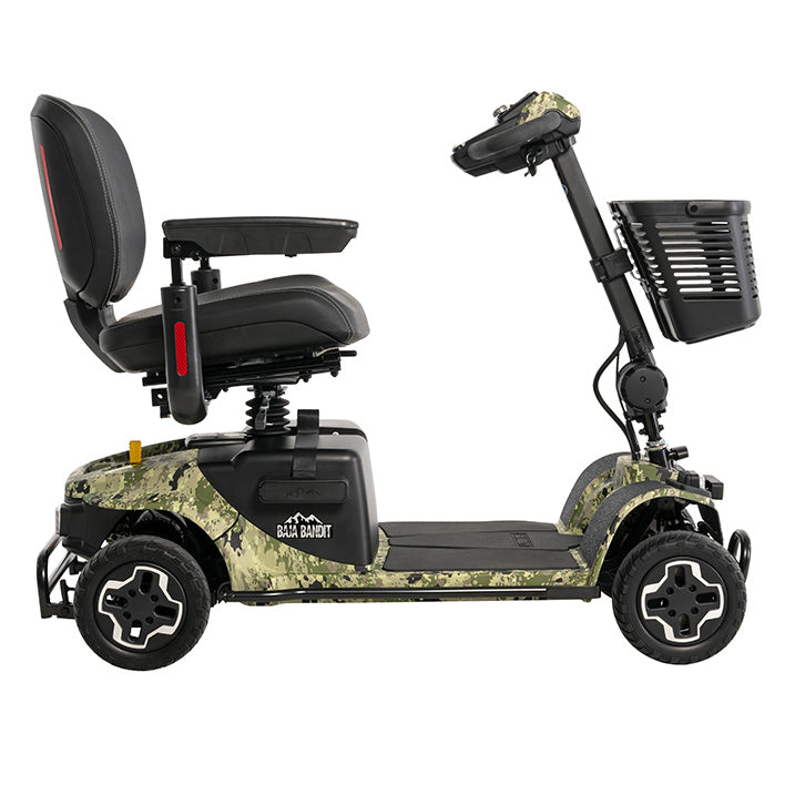 Camouflage-patterned mobility scooter with a seat on a white background
