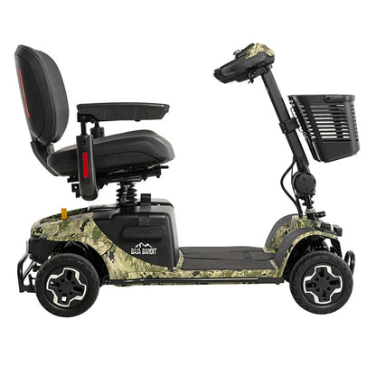 Camouflage-patterned mobility scooter with a seat on a white background