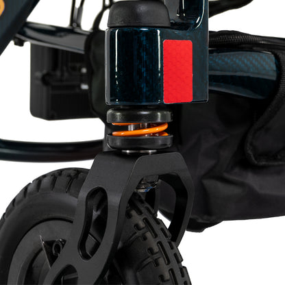 Close-up of a black scooter with a red and blue component on a white background