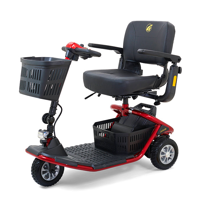 Mobility scooter with black seat and red frame on a white background