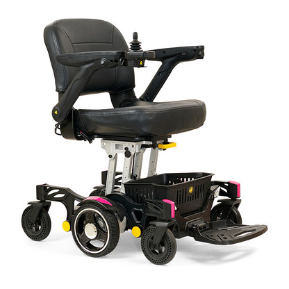 Pink power wheelchair with adjustable seat on a white background