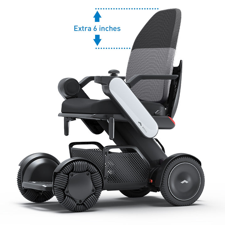 Black electric wheelchair with an extra 6-inch height label on a white background