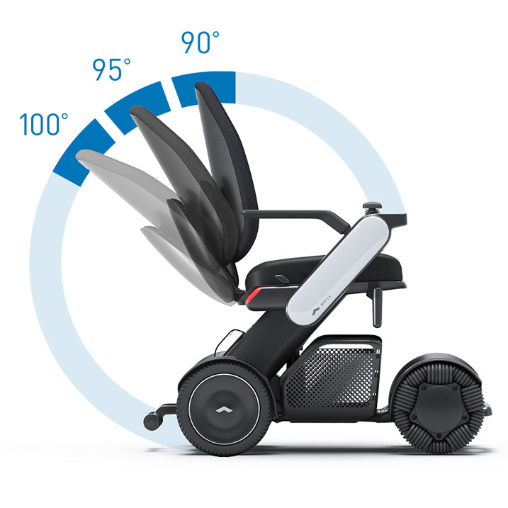 Black electric wheelchair with adjustable seat angle indicator on a white background