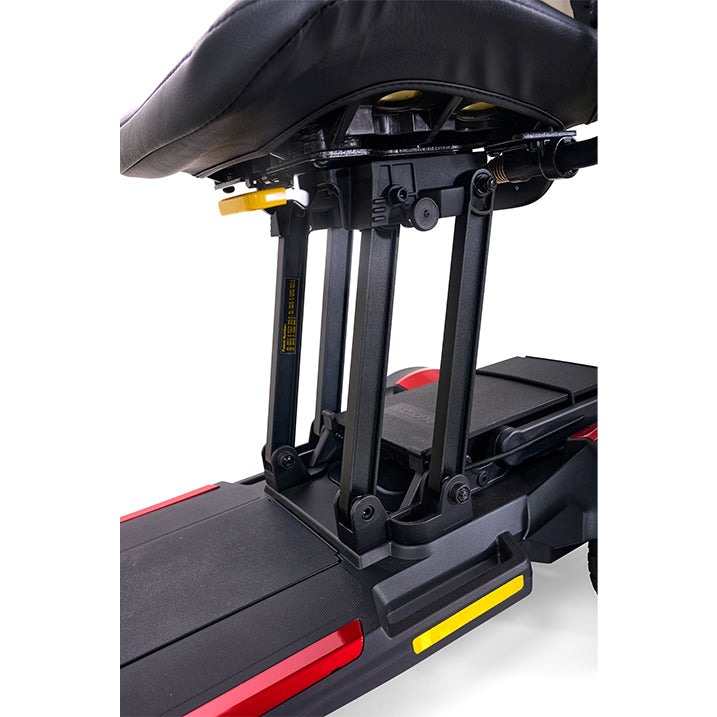 Close-up of a black and red scooter with a seat on a white background