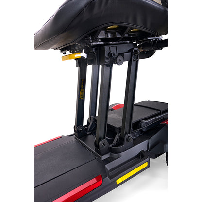 Close-up of a black and red scooter with a seat on a white background