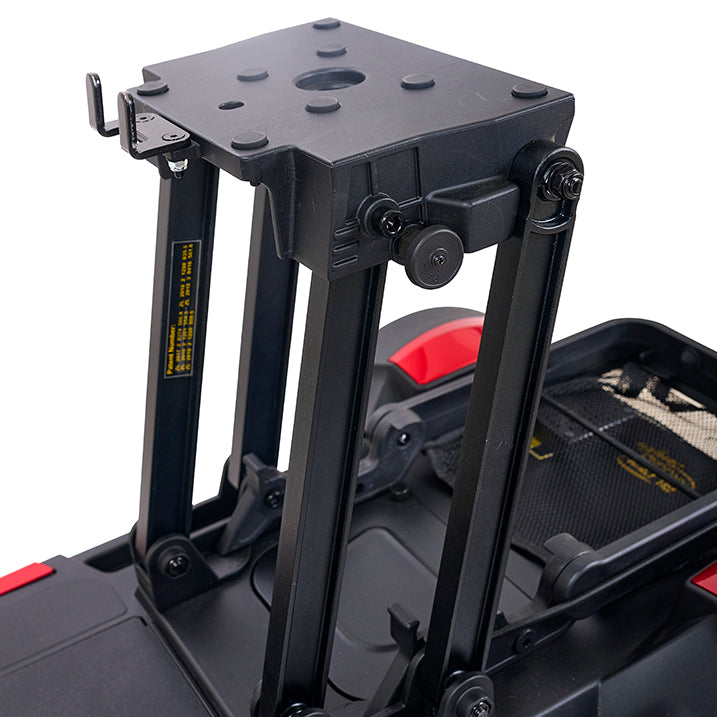 Close-up of a black metal stand or mount on a vehicle, with a white background.