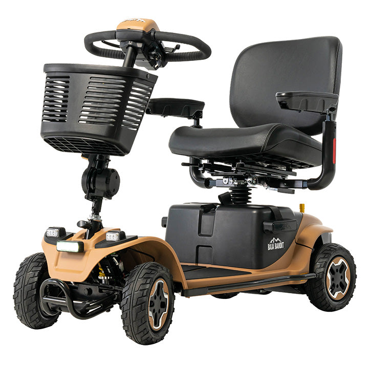 Mobility scooter with a black seat and brown frame on a white background