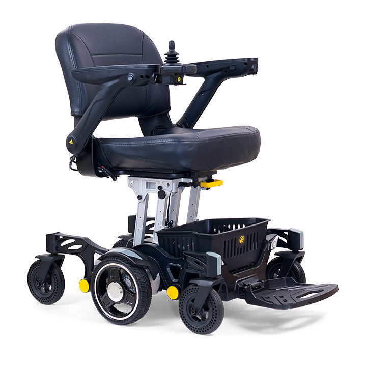 Black electric wheelchair with adjustable seat on a white background