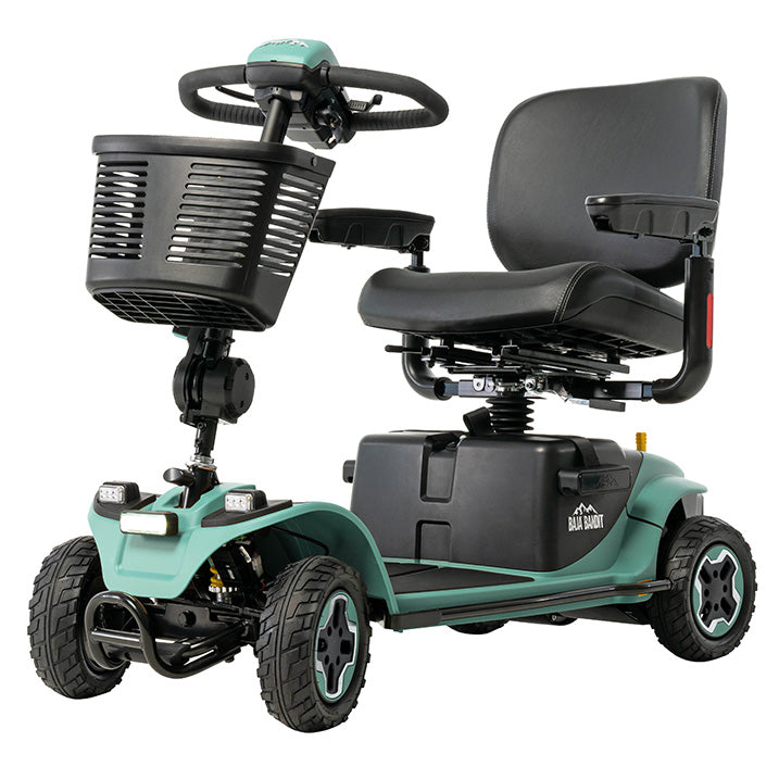 Mobility scooter with a black seat and teal frame on a white background