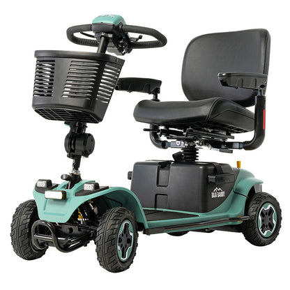 Mobility scooter with a black seat and teal frame on a white background