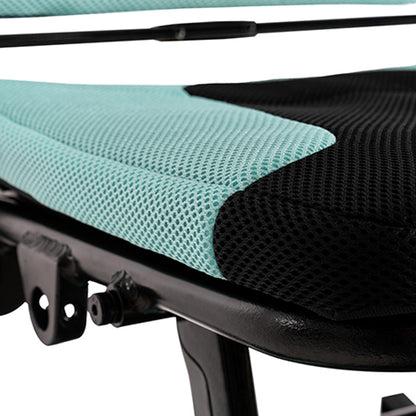 Close-up of a chair with teal mesh backrest and black mesh seat.