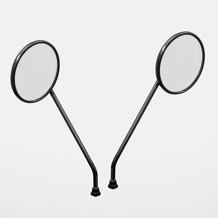 Two black round mirrors on stands against a light gray background