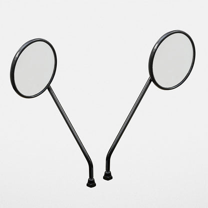 Two black round mirrors on stands against a light gray background