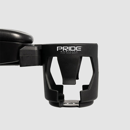 Close-up of a black mobility device component with 'Pride Mobility' branding on a light gray background.