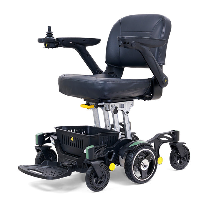 Black electric wheelchair with adjustable seat on a white background
