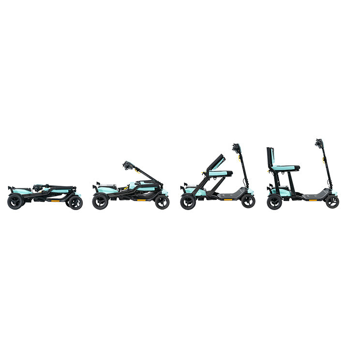 Set of four scooters in different stages of assembly on a white background
