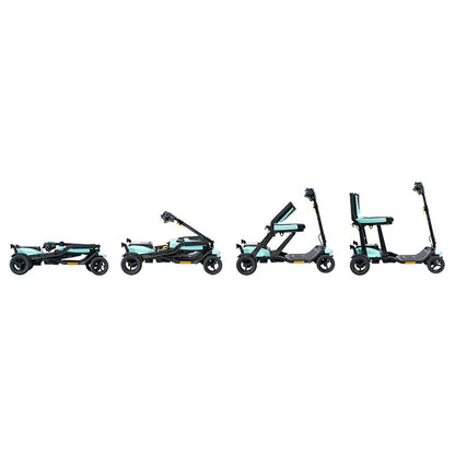 Set of four scooters in different stages of assembly on a white background