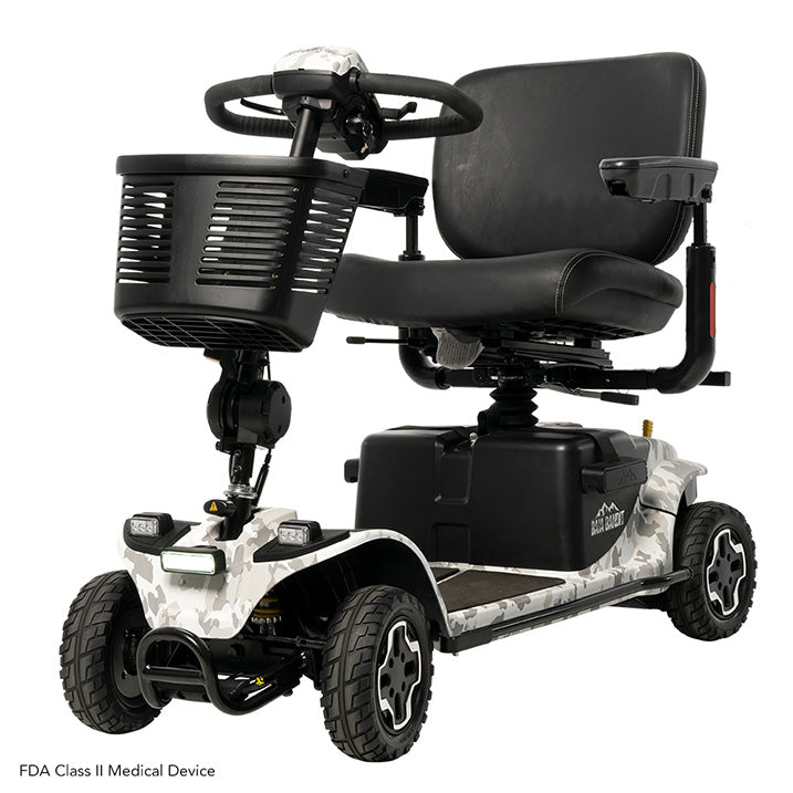 Black mobility scooter with a white camouflage pattern on a white background