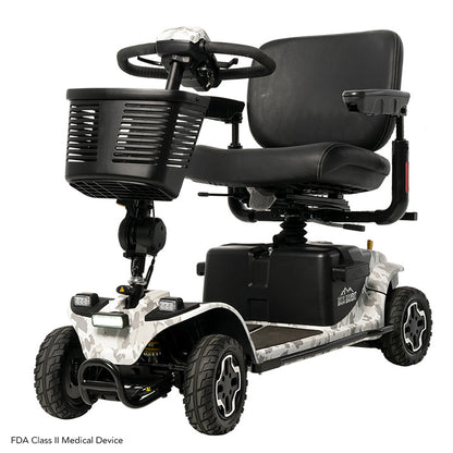 Black mobility scooter with a white camouflage pattern on a white background