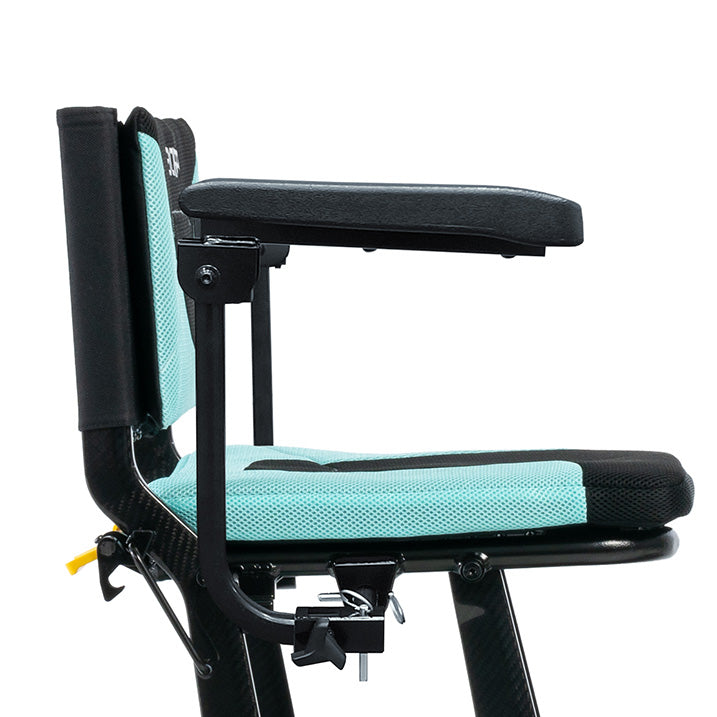 Black and turquoise adjustable chair with armrests on a white background