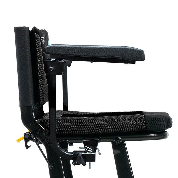 Black adjustable chair with armrests on a white background