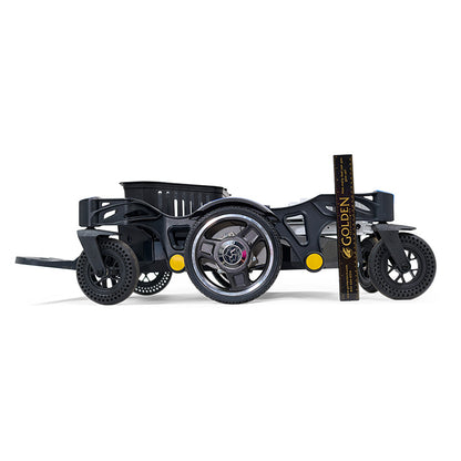 Black three-wheeled vehicle with a basket on a white background