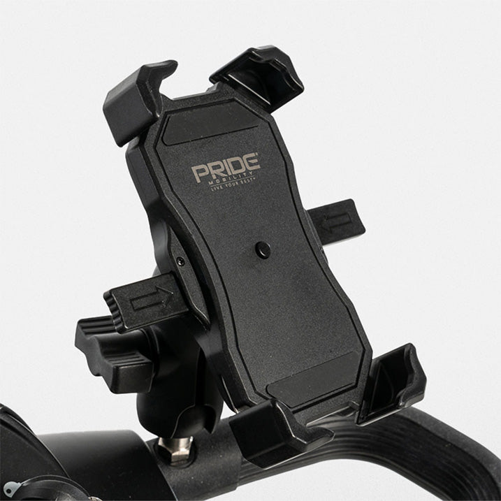 Black bicycle handlebar mount with 'Pride' branding on a white background