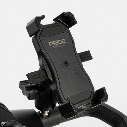 Black bicycle handlebar mount with 'Pride' branding on a white background