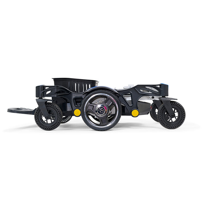 Black and gray toy vehicle with wheels on a white background